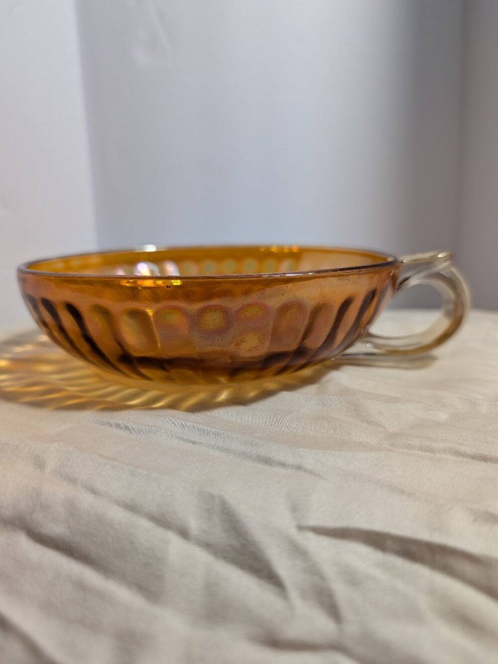 Imperial Glass Marigold Iridescent Carnival Glass Nappy Dish w/ Clear Handle